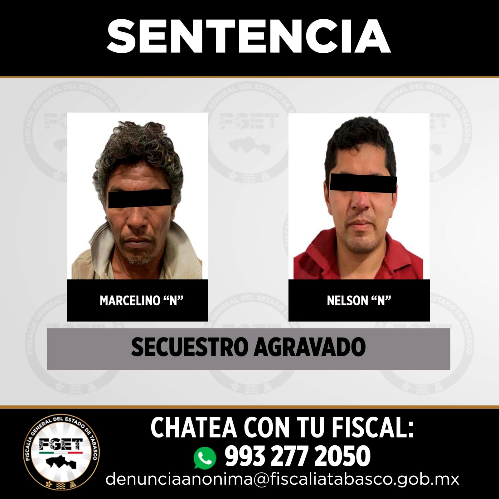 Condenan a 50 años de prisión a dos hombres por secuestro agravado en Tabasco