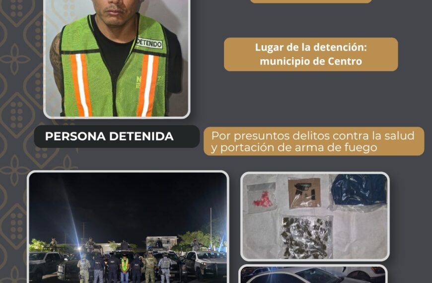 Detienen en Centro a presunto implicado en delitos contra la salud y portación de arma