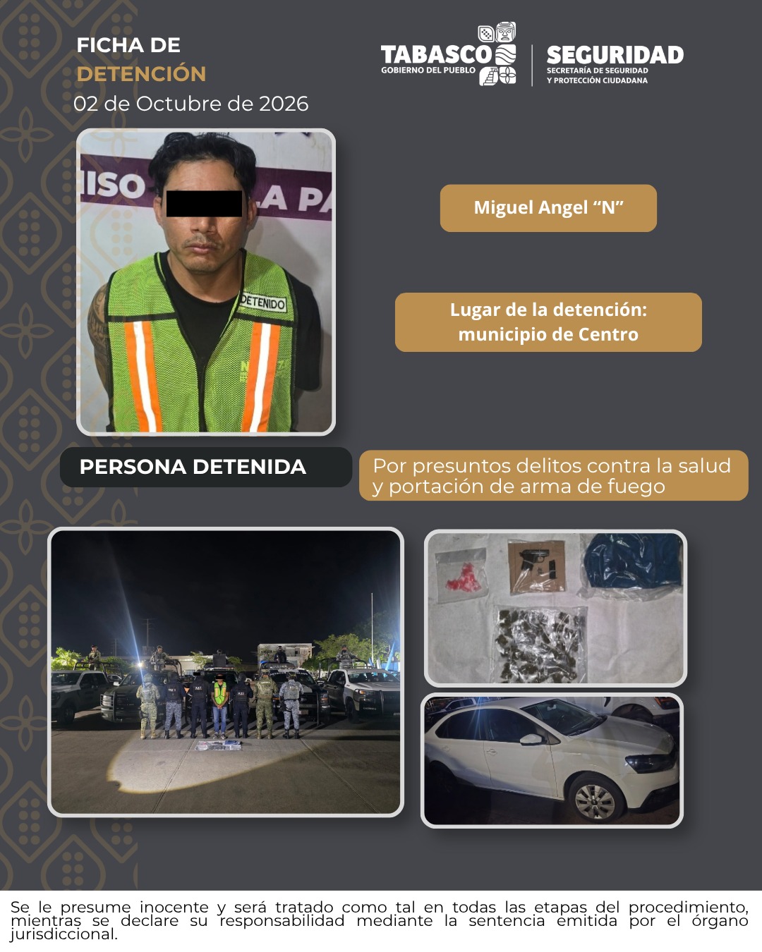 Detienen en Centro a presunto implicado en delitos contra la salud y portación de arma