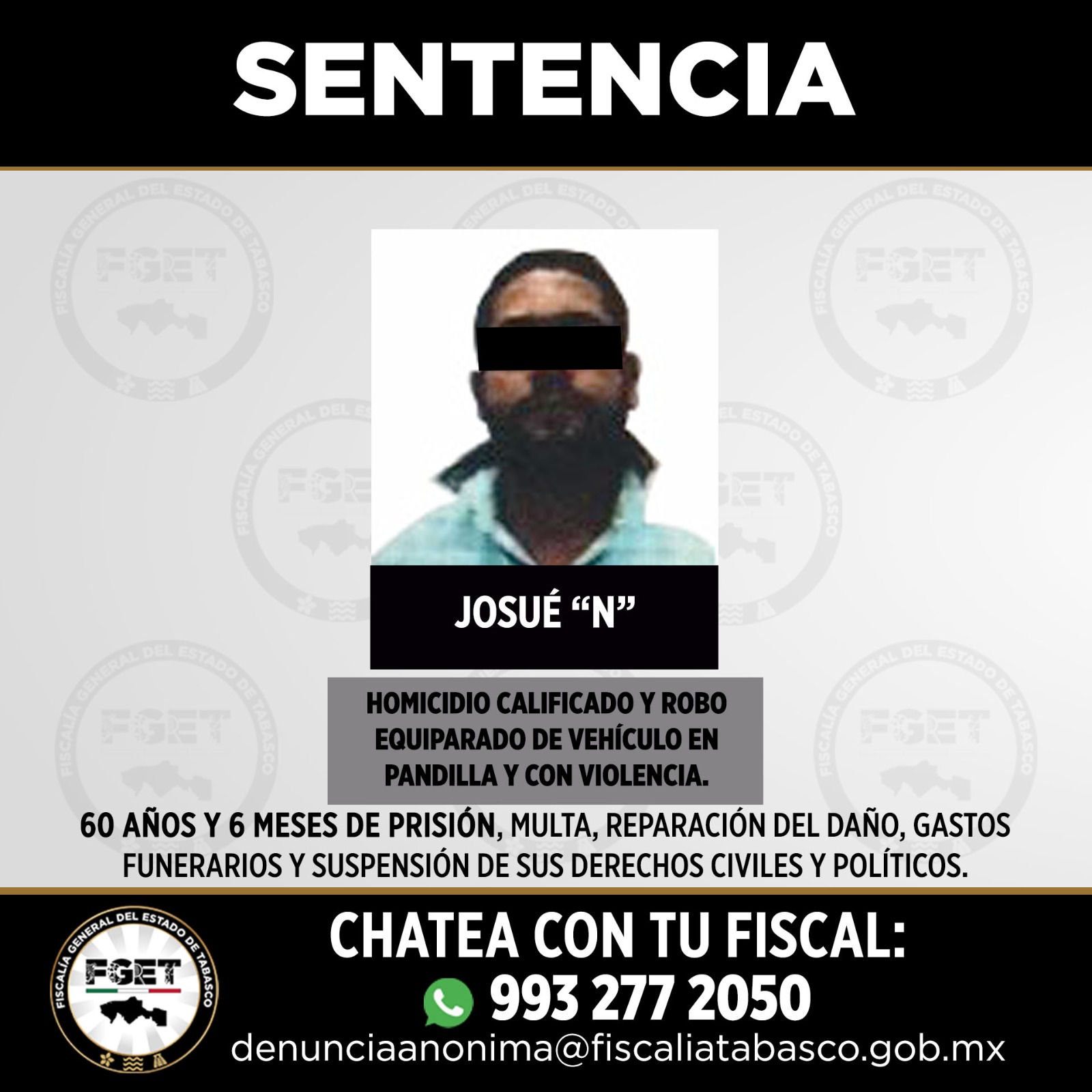 Condenan a más de 64 años de prisión a responsable de triple homicidio en Centro