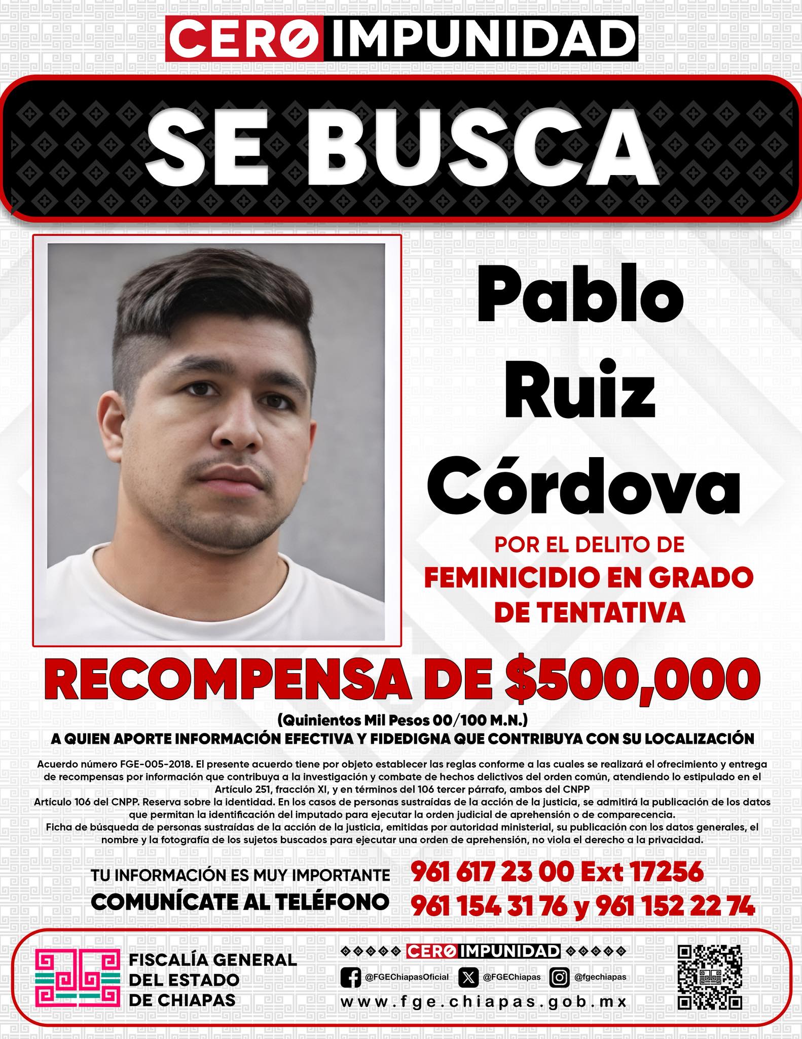 Ofrecen recompensa de hasta 500 mil pesos por presunto agresor en Chiapas
