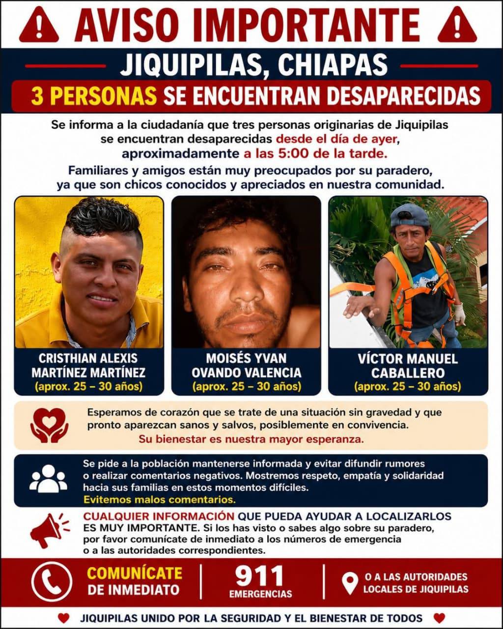 Despliegan operativo para localizar a tres jóvenes desaparecidos en Jiquipilas