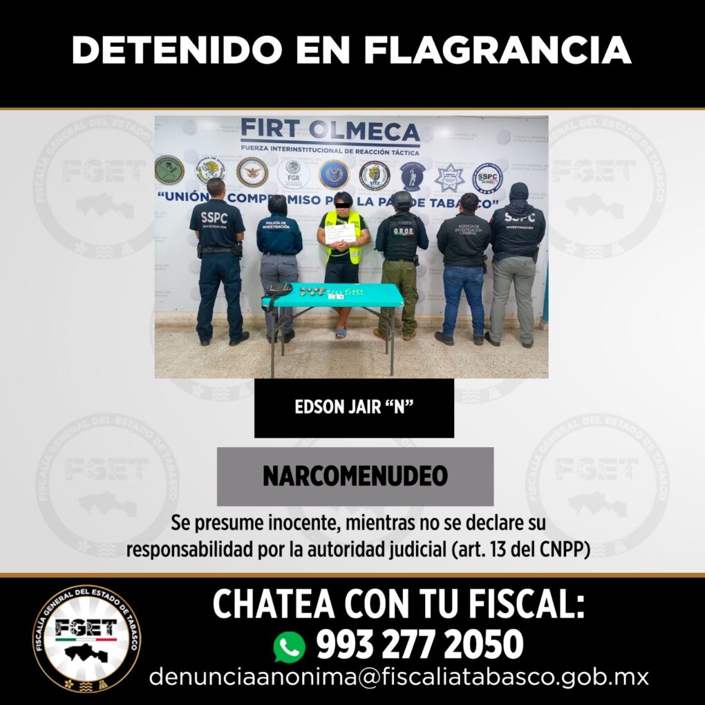Detienen en flagrancia a presunto narcomenudista en Centro; aseguran drogas y dinero en efectivo