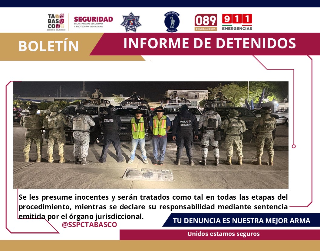 Detienen a dos presuntos delincuentes en operativo de seguridad en Villahermosa