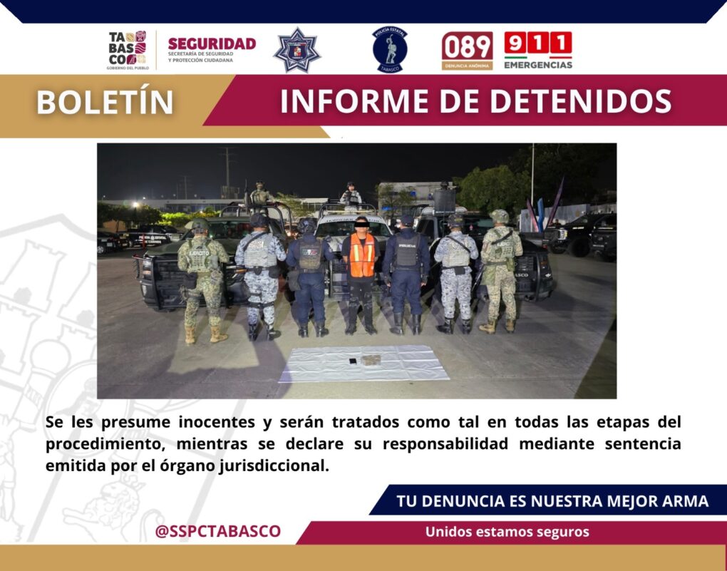 SSPC y FIRT Olmeca aseguran a presunto distribuidor de droga en colonia Casa Blanca