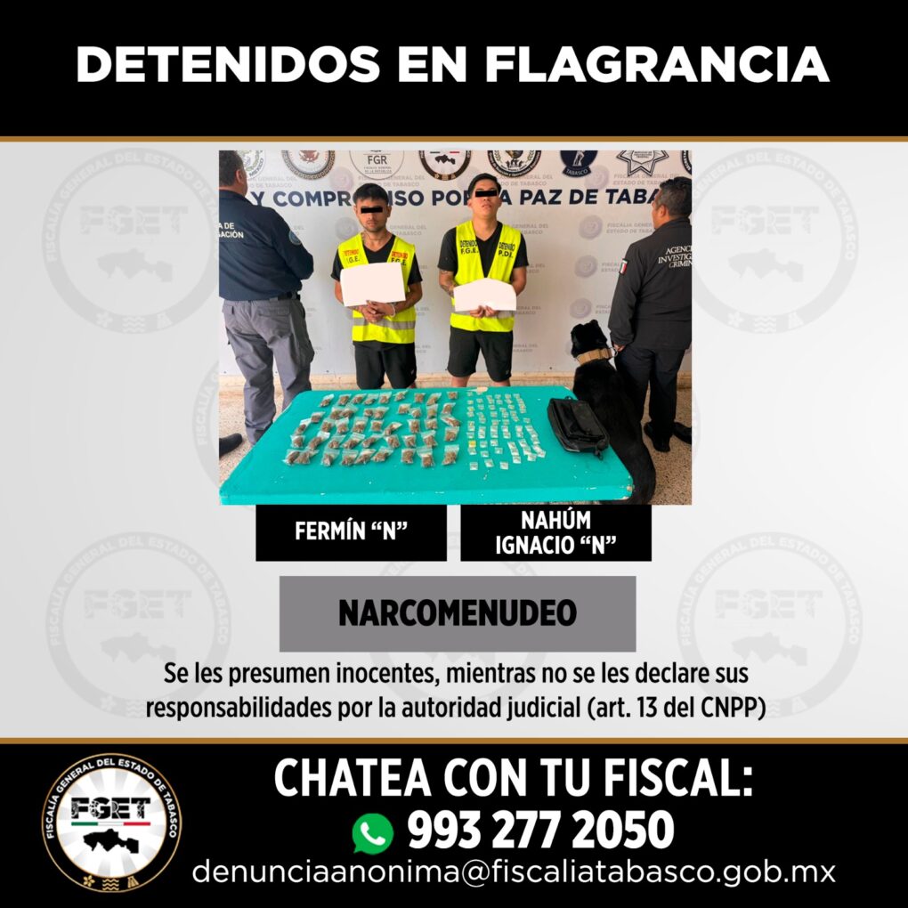 Fiscalía General del Estado detiene a tres por narcomenudeo en Centro y Jalpa de Méndez