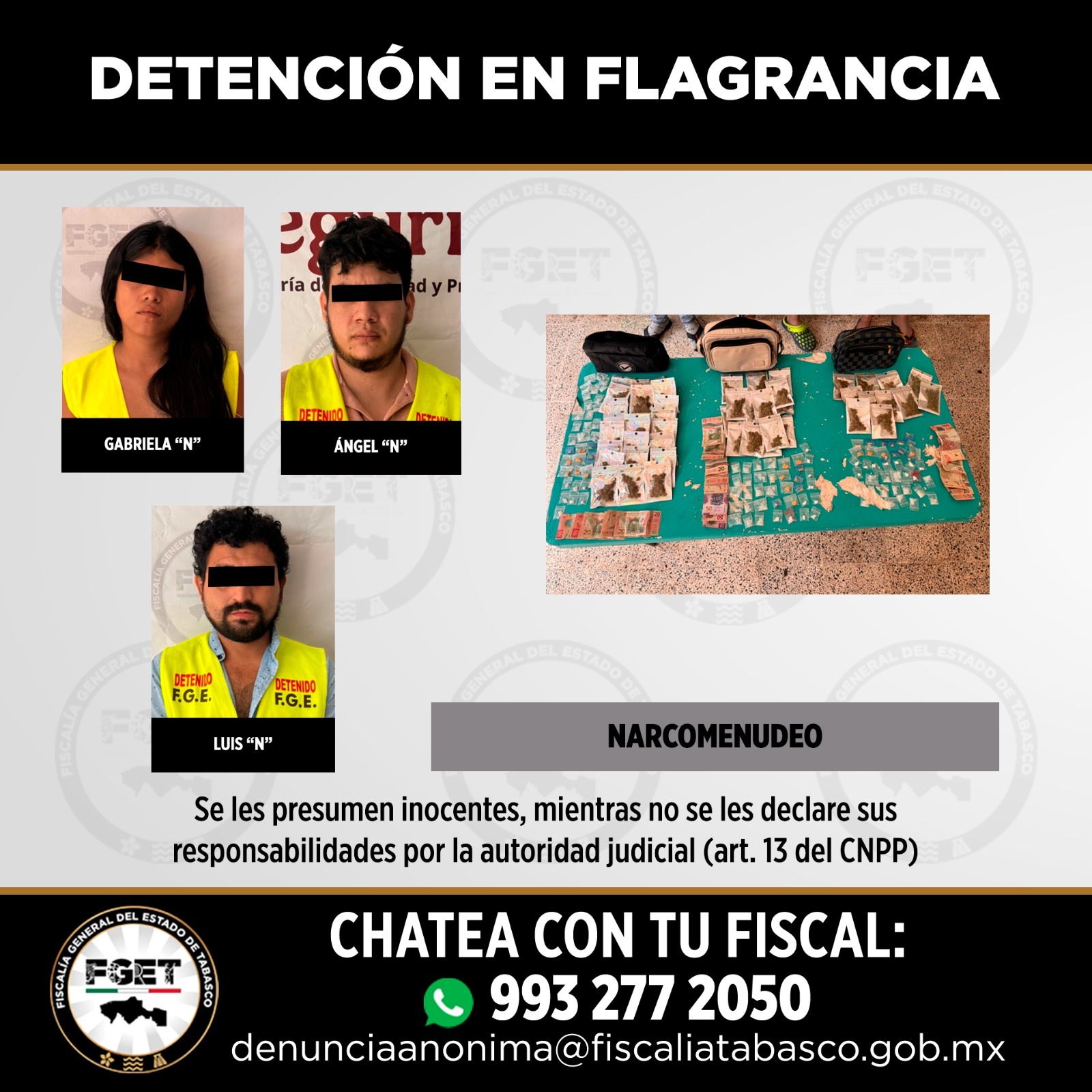 FGE Tabasco detiene a cuatro personas por presunto narcomenudeo en Nacajuca y Comalcalco