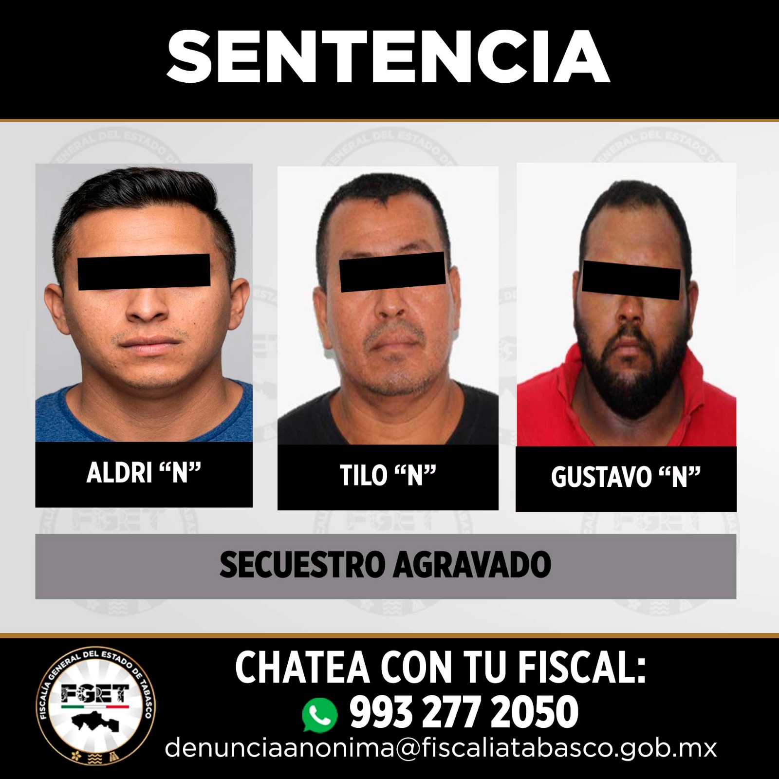 Sentencian a 50 años de prisión a tres responsables de secuestro agravado en Centro