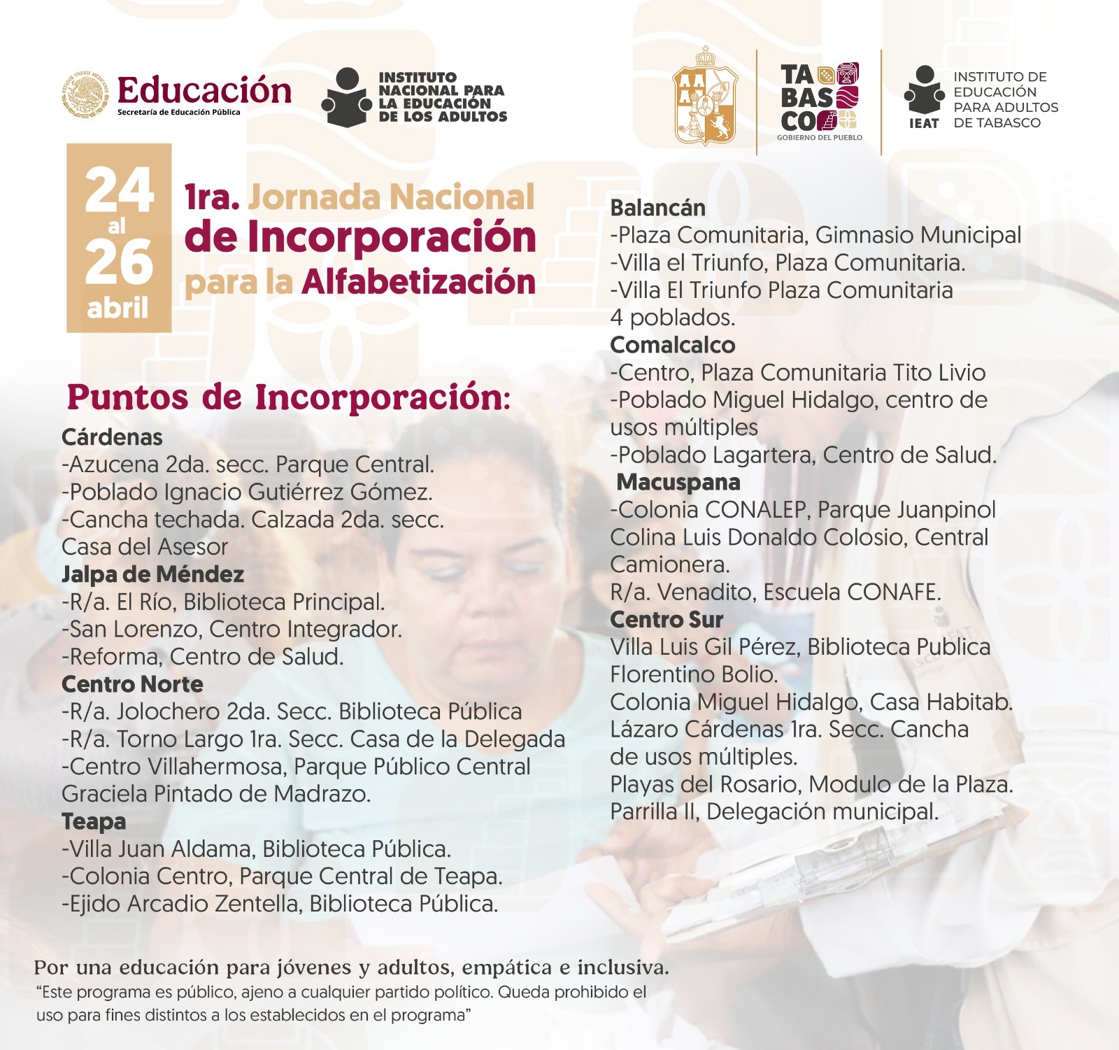 IEAT se suma a Jornada Nacional para combatir el analfabetismo en Tabasco