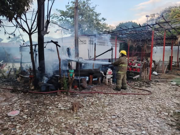Incendio consume palapa en COBATAB 28 de Tierra Colorada; bomberos logran controlar el fuego