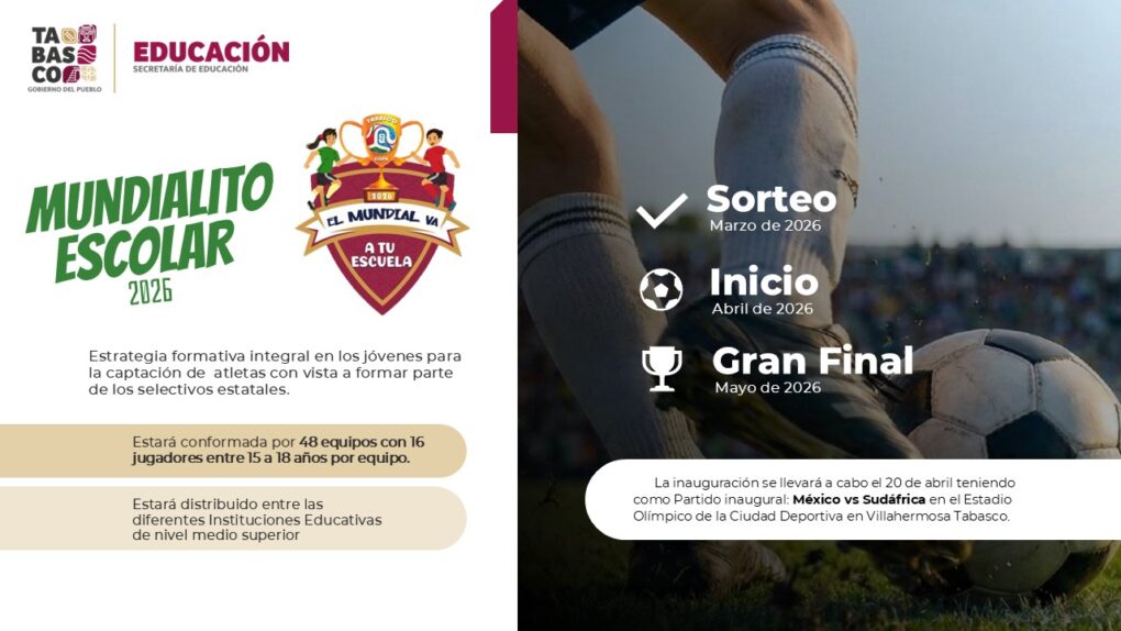 Arrancará Mundialito Escolar 2026 en Tabasco con duelo México–Sudáfrica