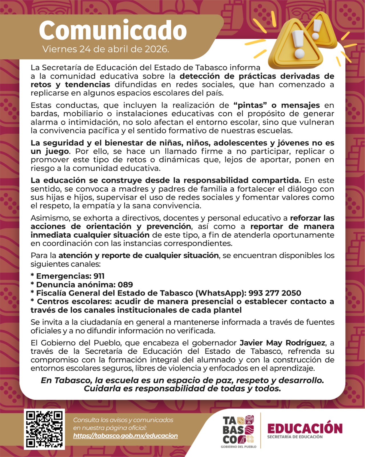 SETAB alerta por retos virales en redes sociales que promueven pintas y actos de intimidación en escuelas