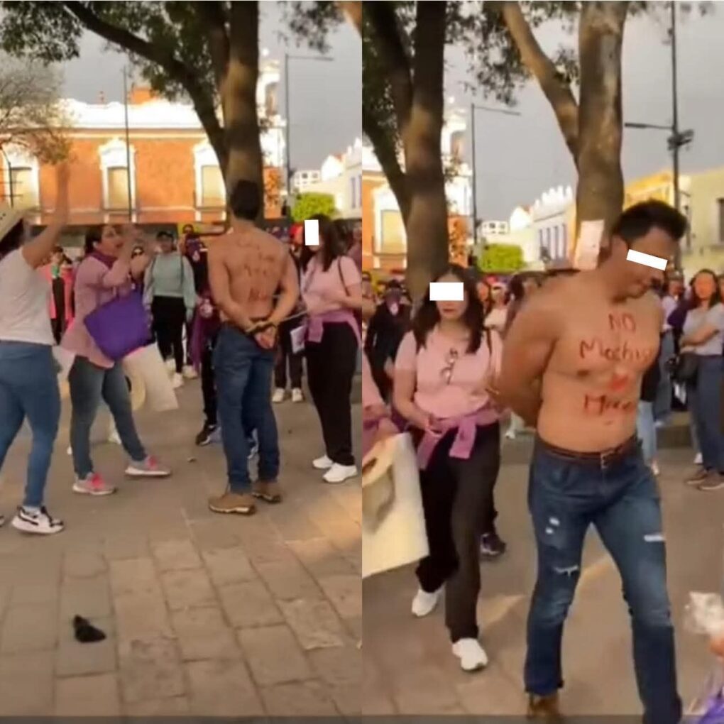 Hombre es expulsado de marcha del 8M en Tlaxcala tras ser señalado por su esposa como presunto deudor alimentario