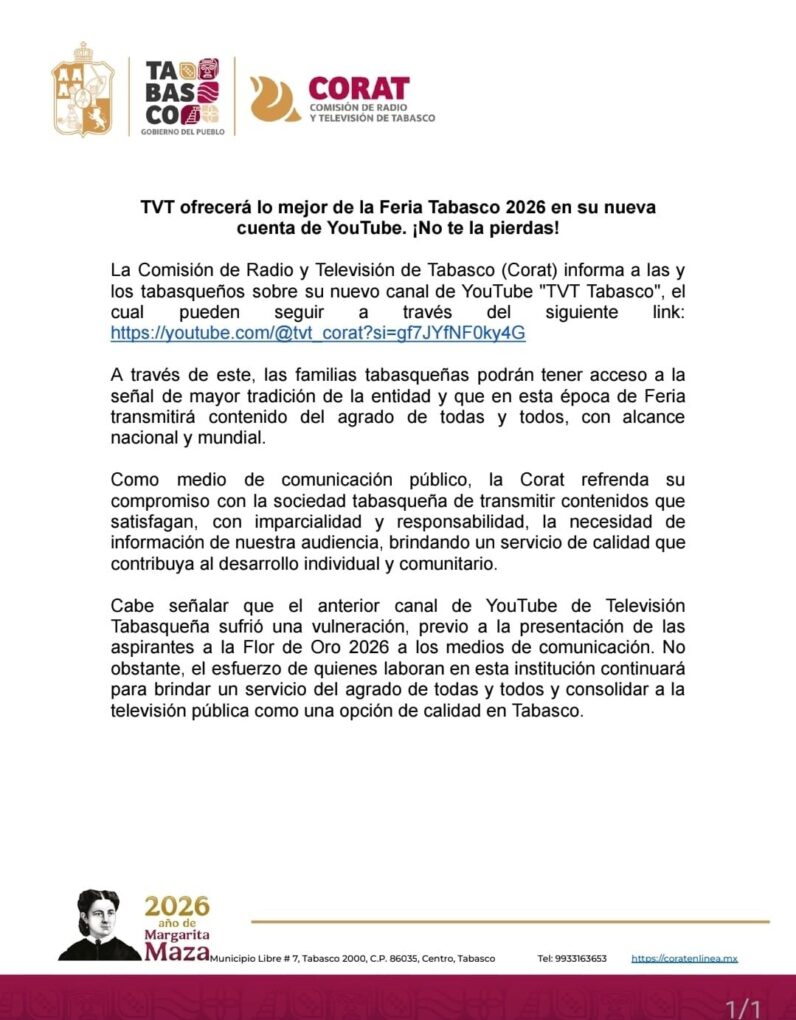 TVT ofrecerá lo mejor de la Feria Tabasco 2026 en su nueva cuenta de YouTube. ¡No te la pierdas!