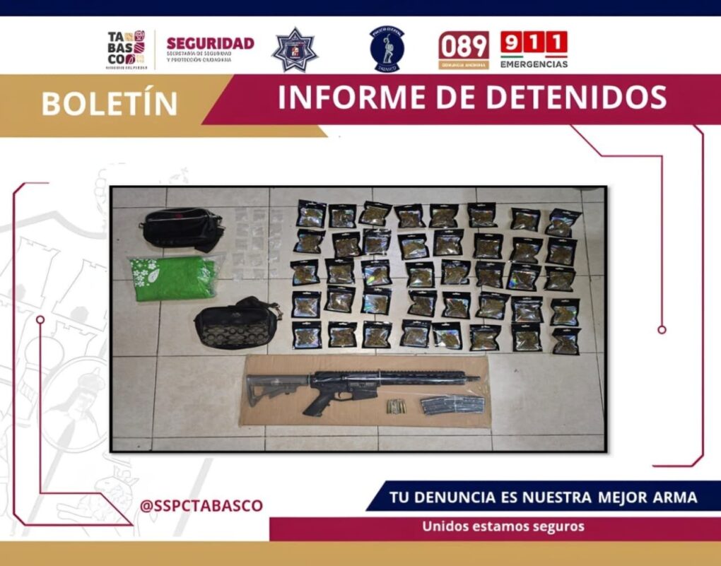 FIRT Olmeca detiene a dos personas por delitos contra la salud y portación de arma de fuego en Centro